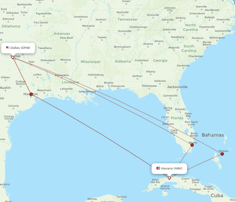 HAV to DFW flights and routes map