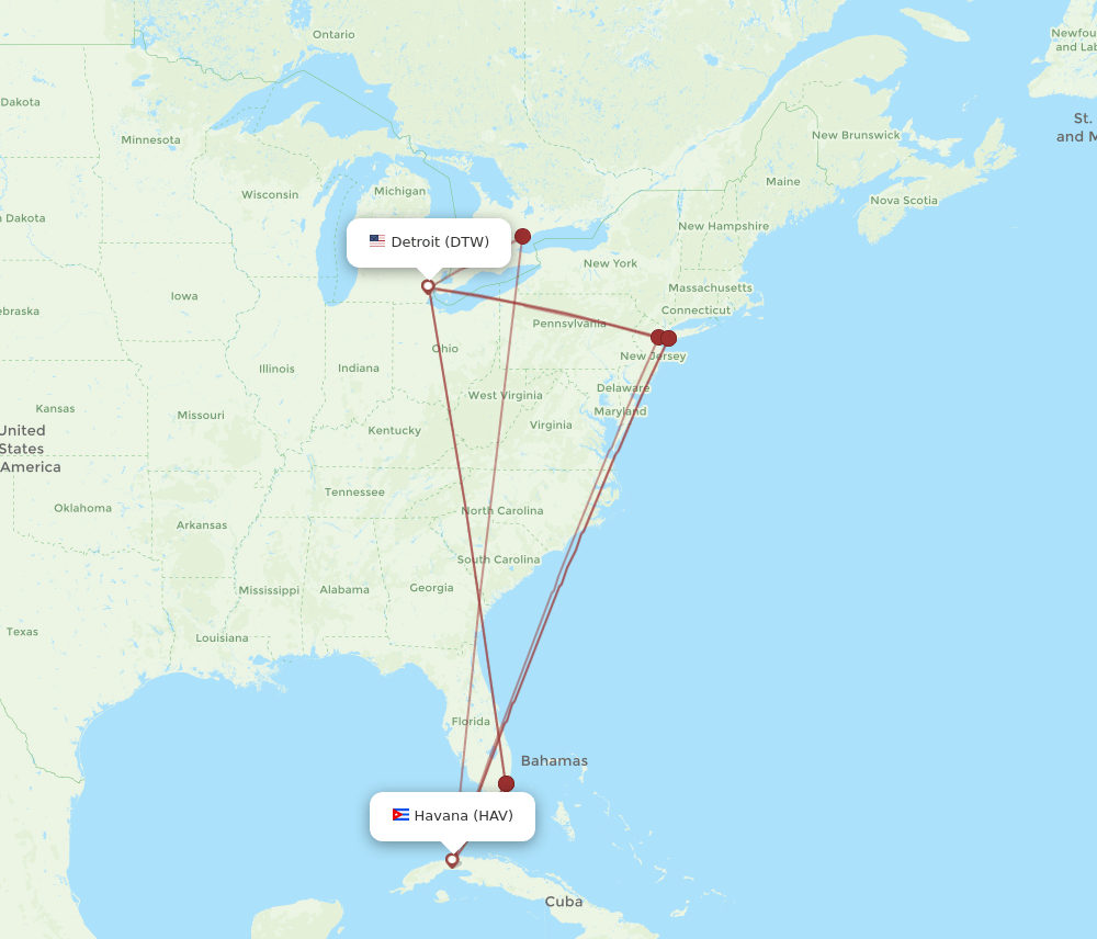 HAV to DTW flights and routes map
