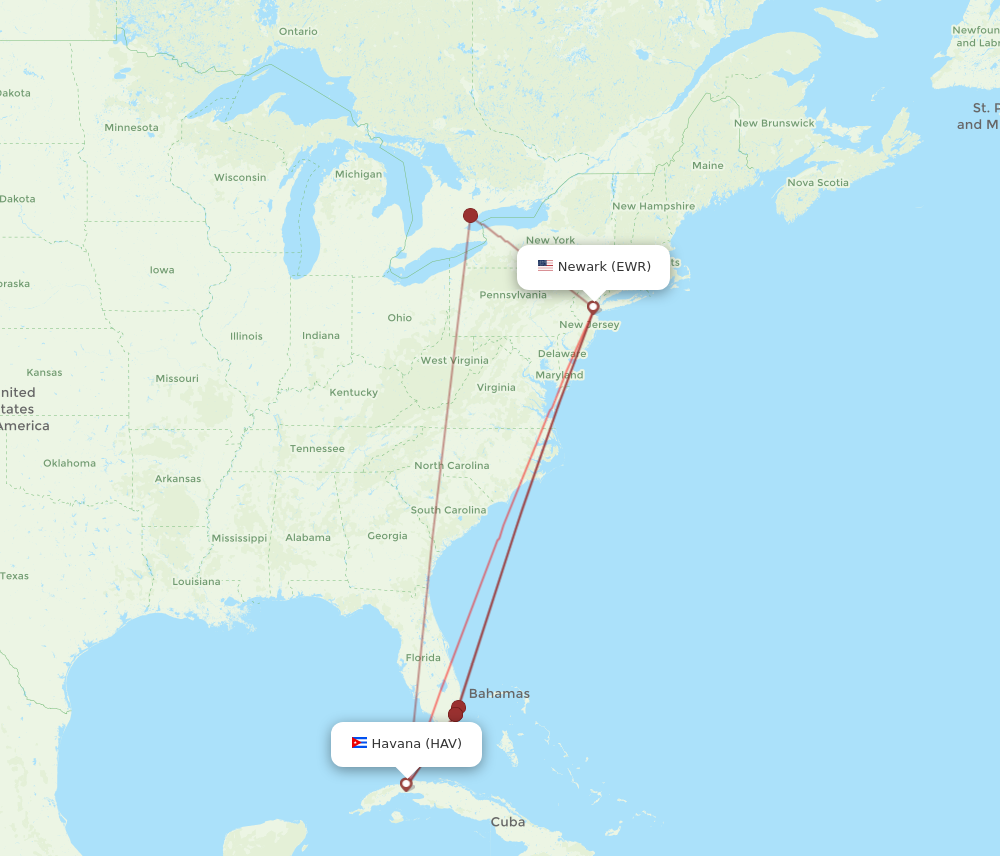 HAV to EWR flights and routes map