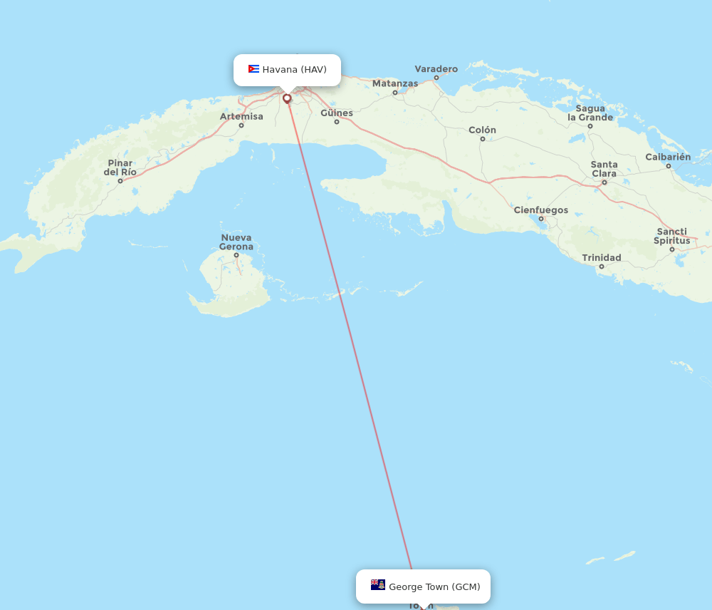 Havana - Grand Cayman Island route map and flight paths