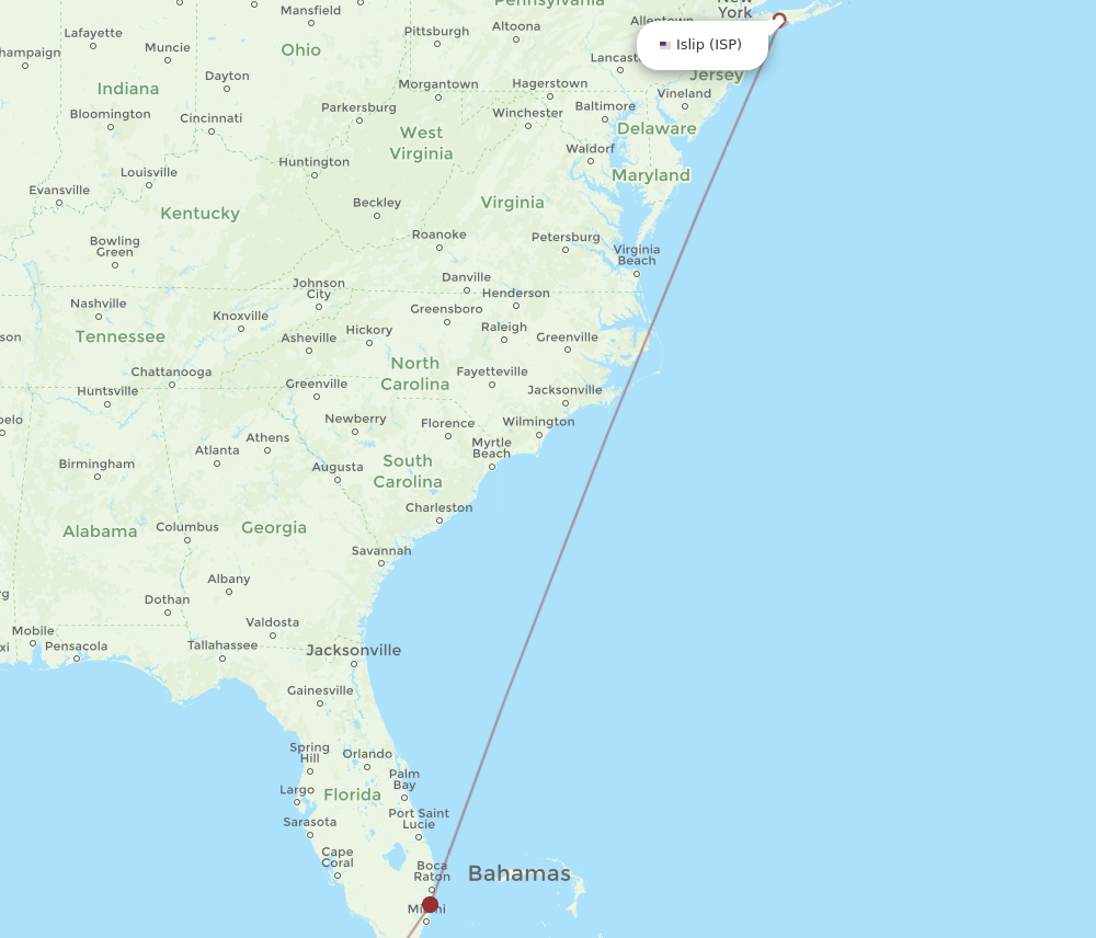 HAV to ISP flights and routes map