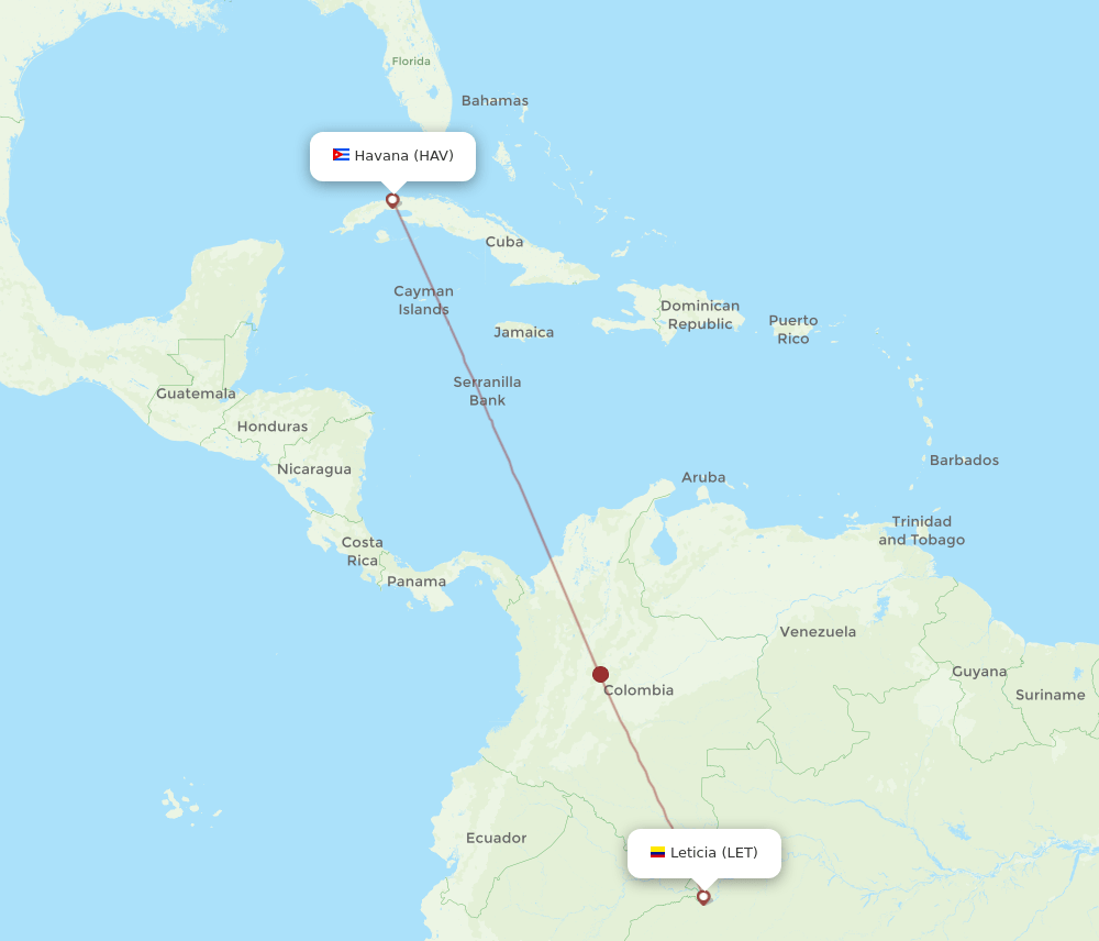Leticia - Havana route map and flight paths