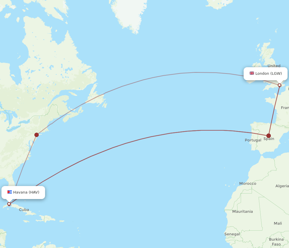 HAV-LGW flight routes