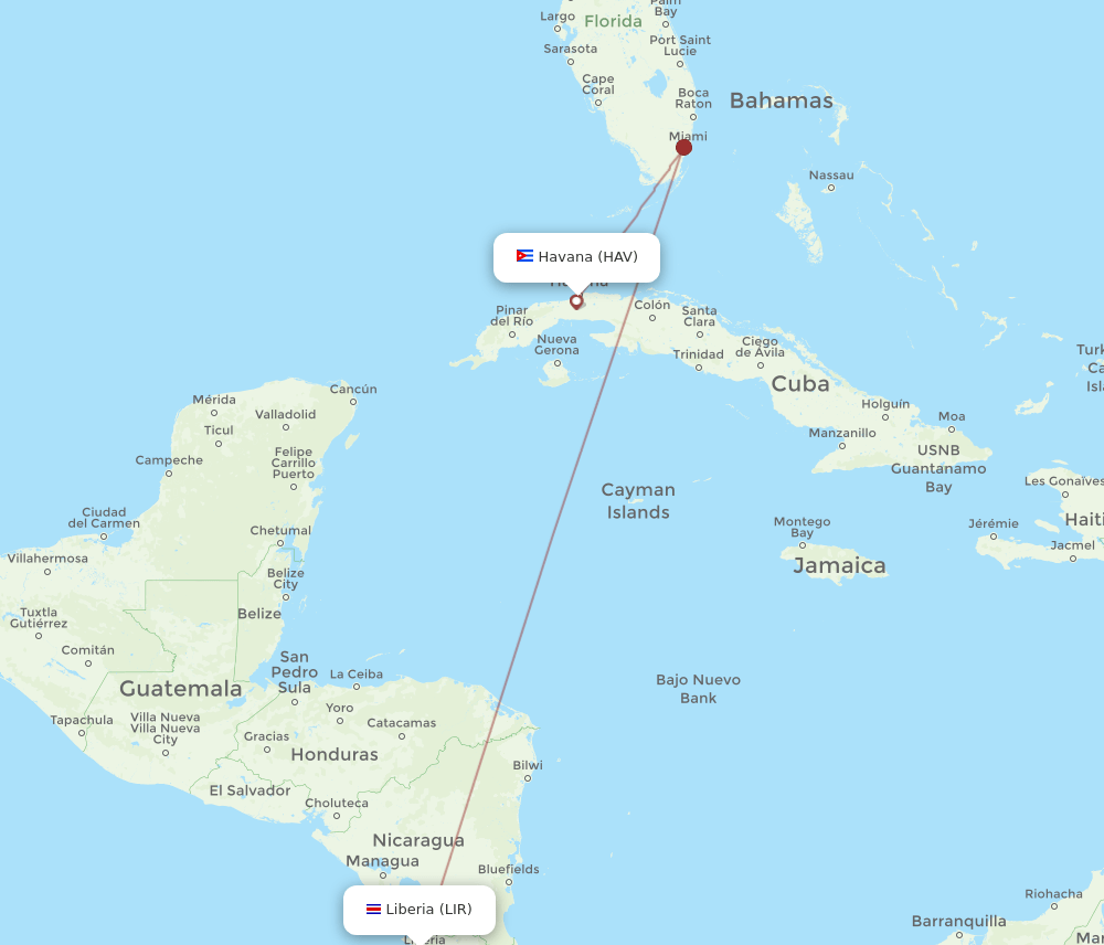 HAV to LIR flights and routes map