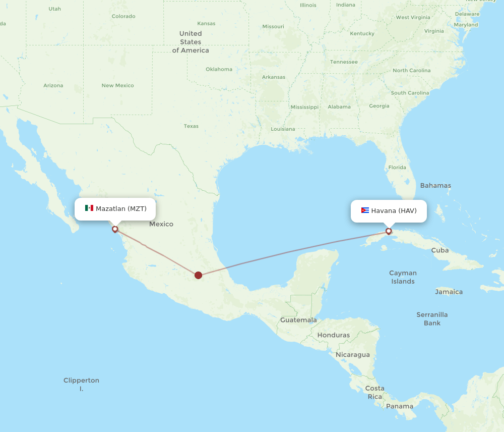 Mazatlan - Havana route map and flight paths