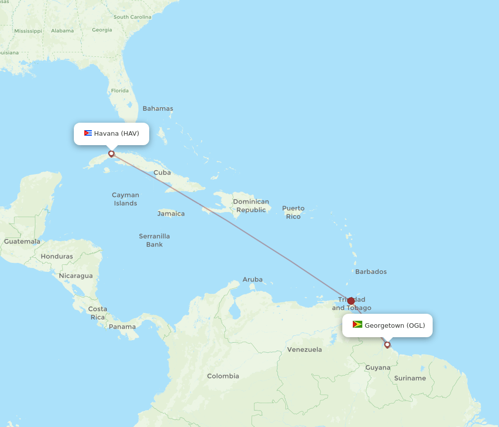 Havana - Georgetown route map and flight paths