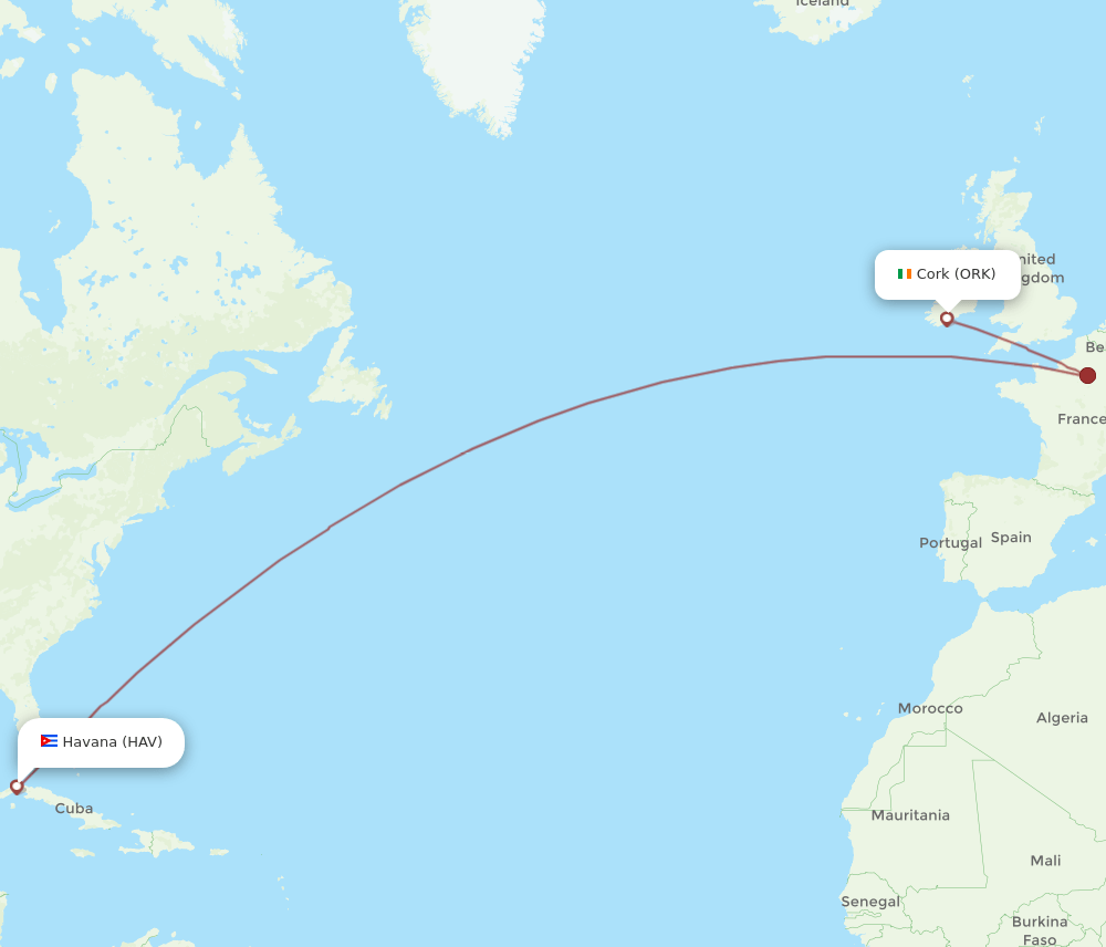 Cork - Havana route map and flight paths