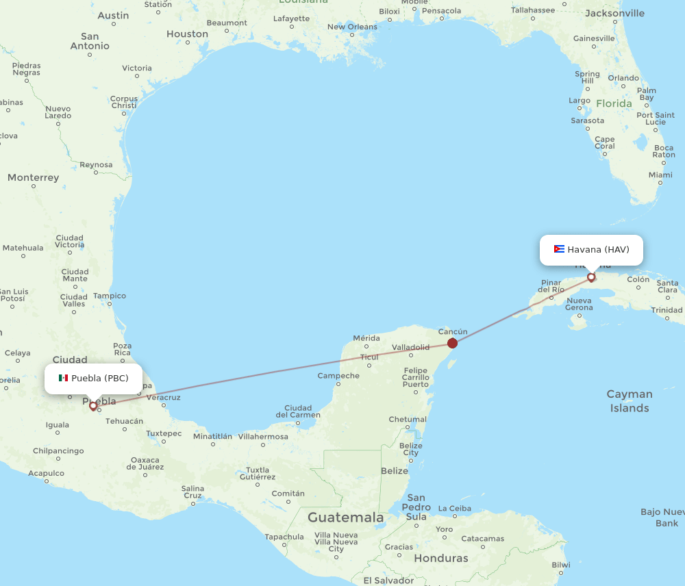 Puebla - Havana route map and flight paths