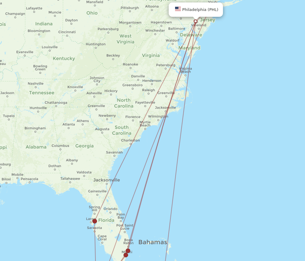 HAV to PHL flights and routes map