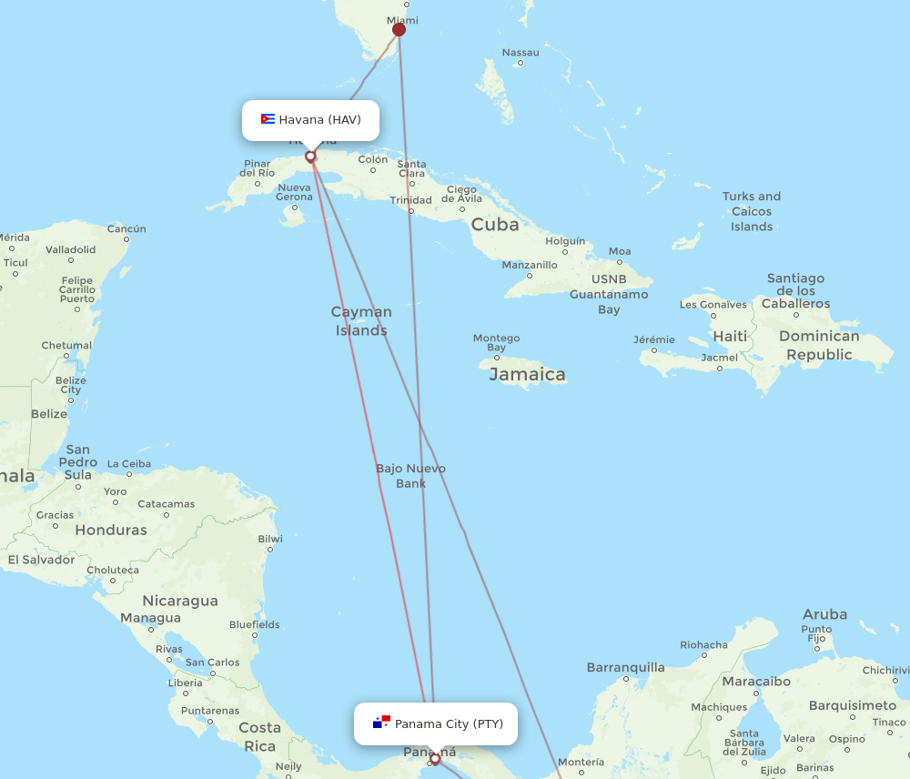 HAV to PTY flights and routes map