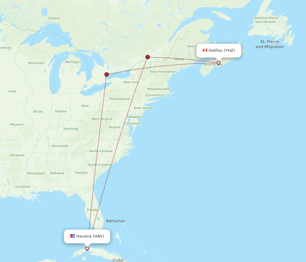 Havana - Halifax route map and flight paths