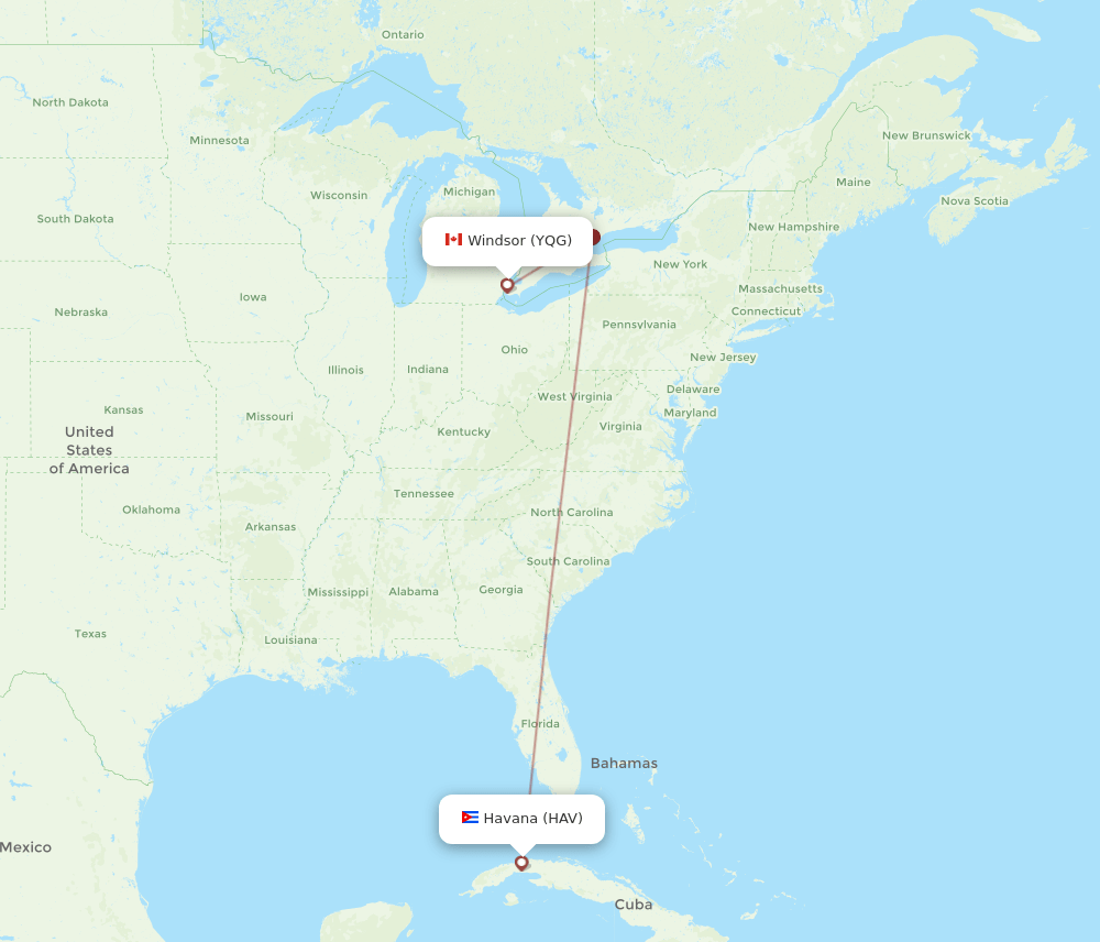 Havana - Windsor route map and flight paths
