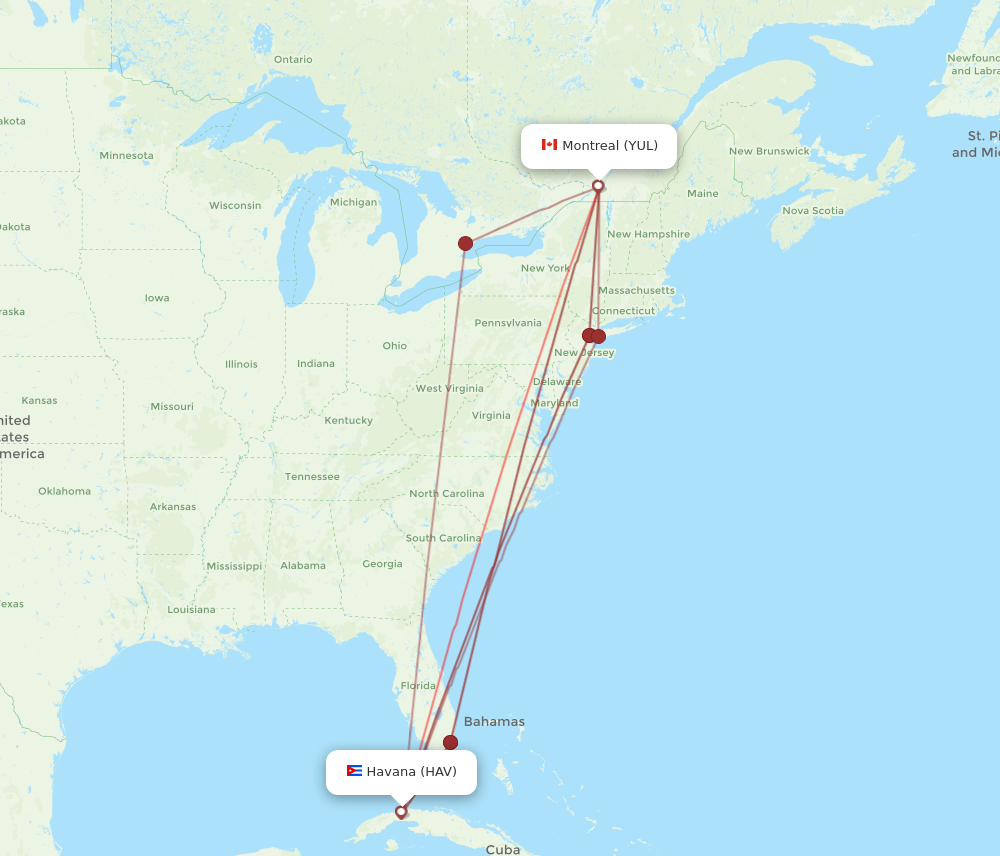 HAV to YUL flights and routes map