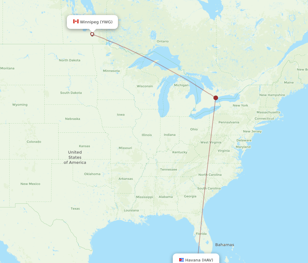 Winnipeg - Havana route map and flight paths