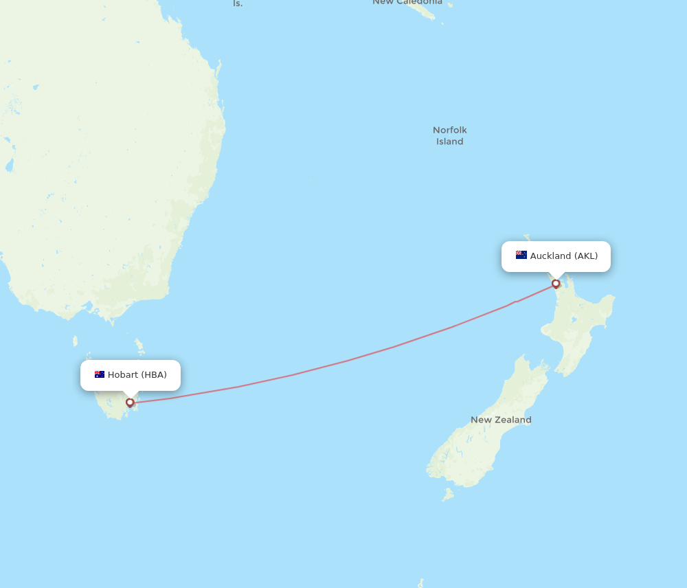 Hobart - Auckland route map and flight paths