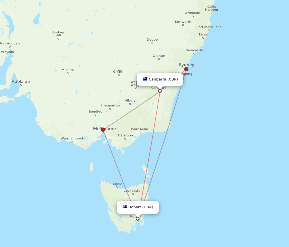 HBA to CBR flights and routes map