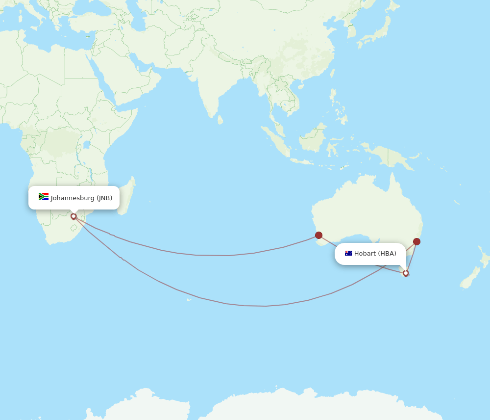 HBA to JNB flights and routes map