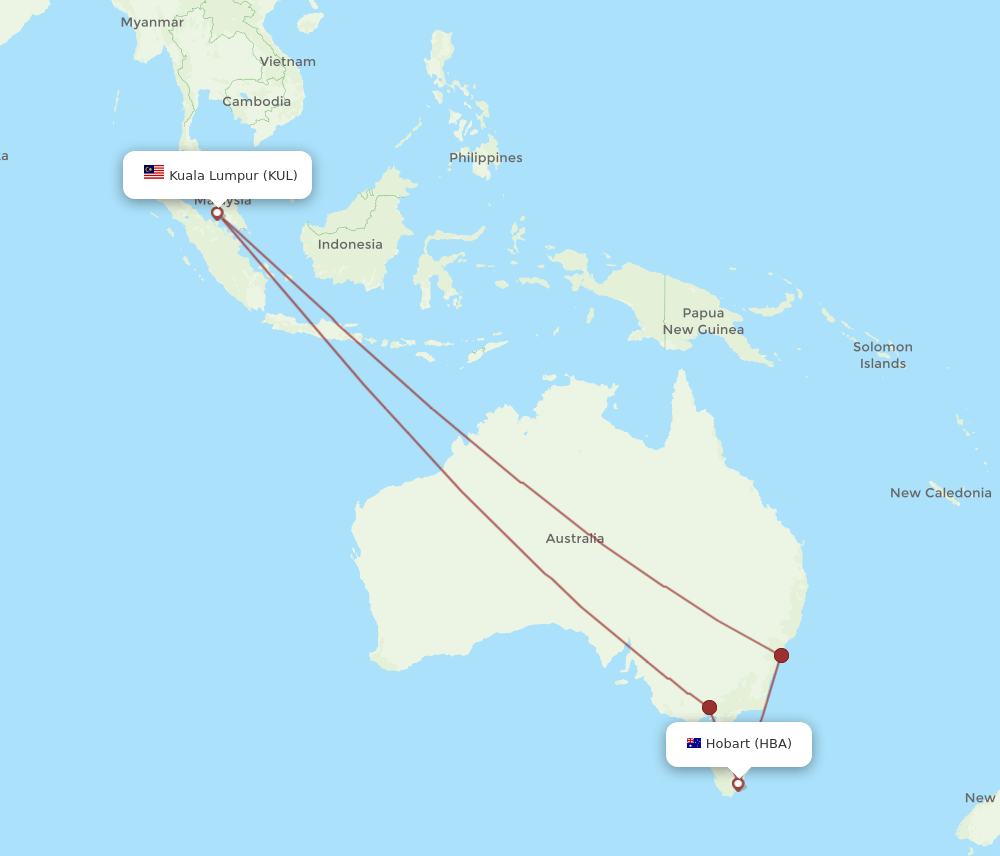 HBA to KUL flights and routes map