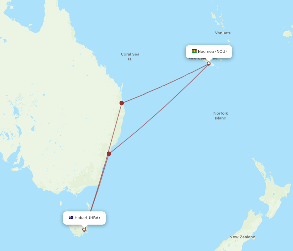 HBA to NOU flights and routes map