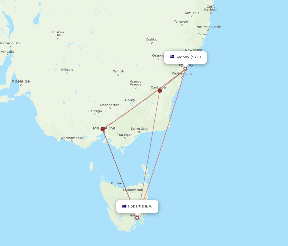 HBA to SYD flights and routes map