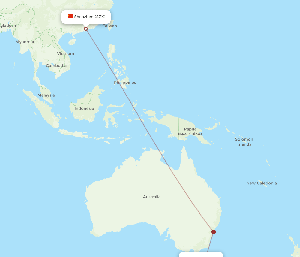 Shenzhen - Hobart route map and flight paths