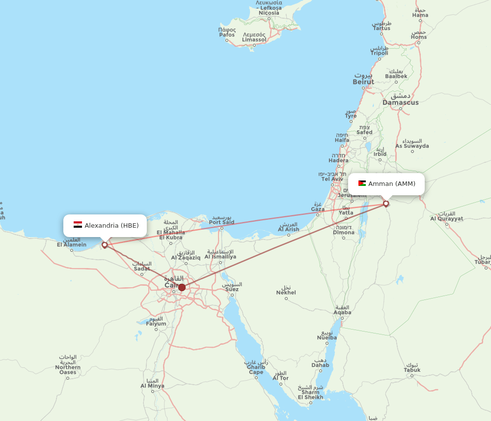 Alexandria - Amman route map and flight paths