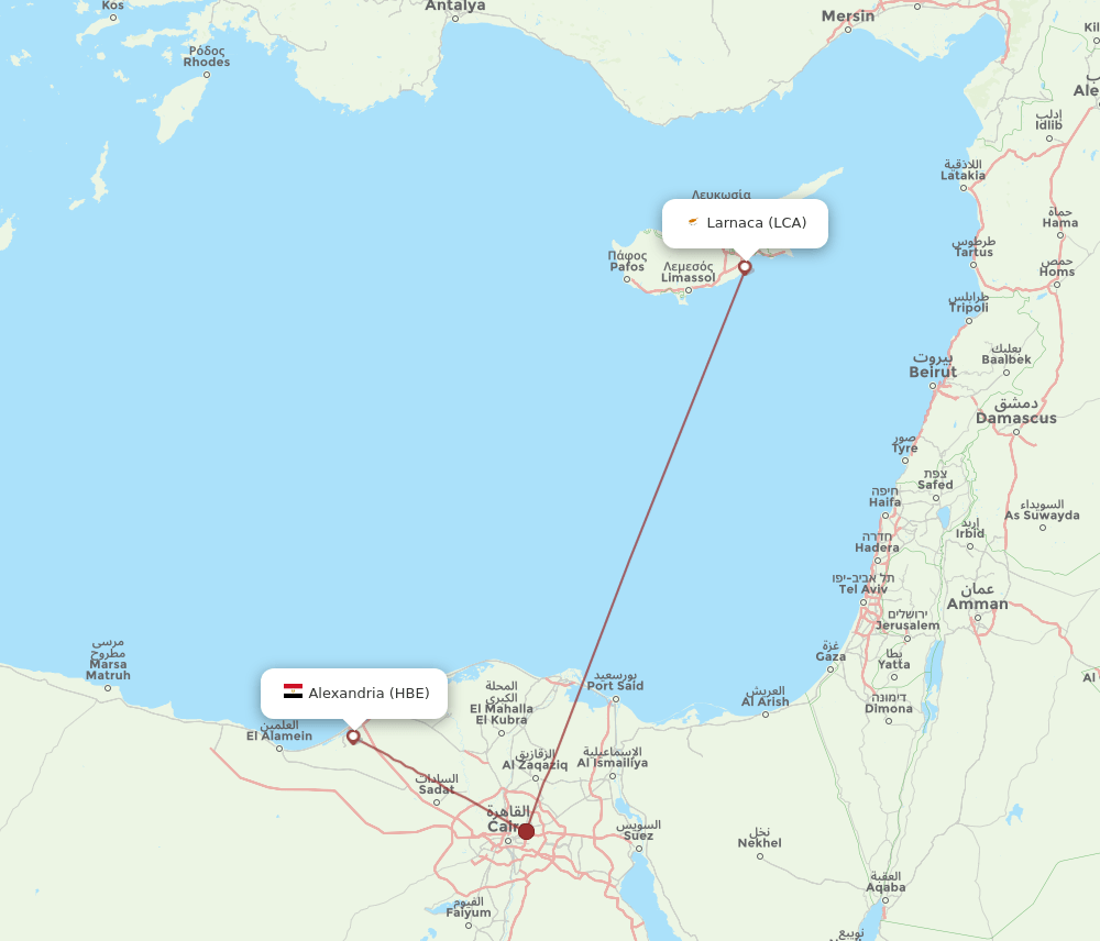 Alexandria - Larnaca route map and flight paths