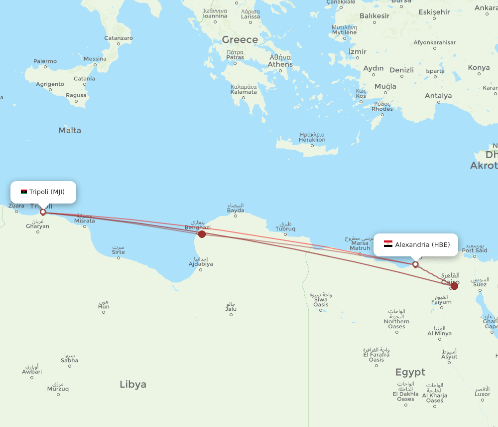 MJI to HBE flights and routes map