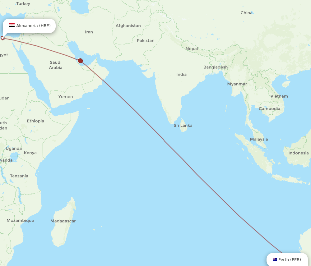 Perth - Alexandria route map and flight paths