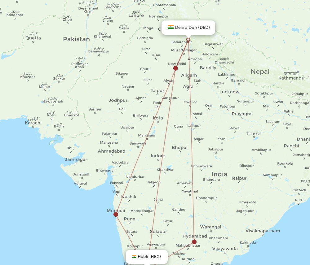 Dehra Dun - Hubli route map and flight paths
