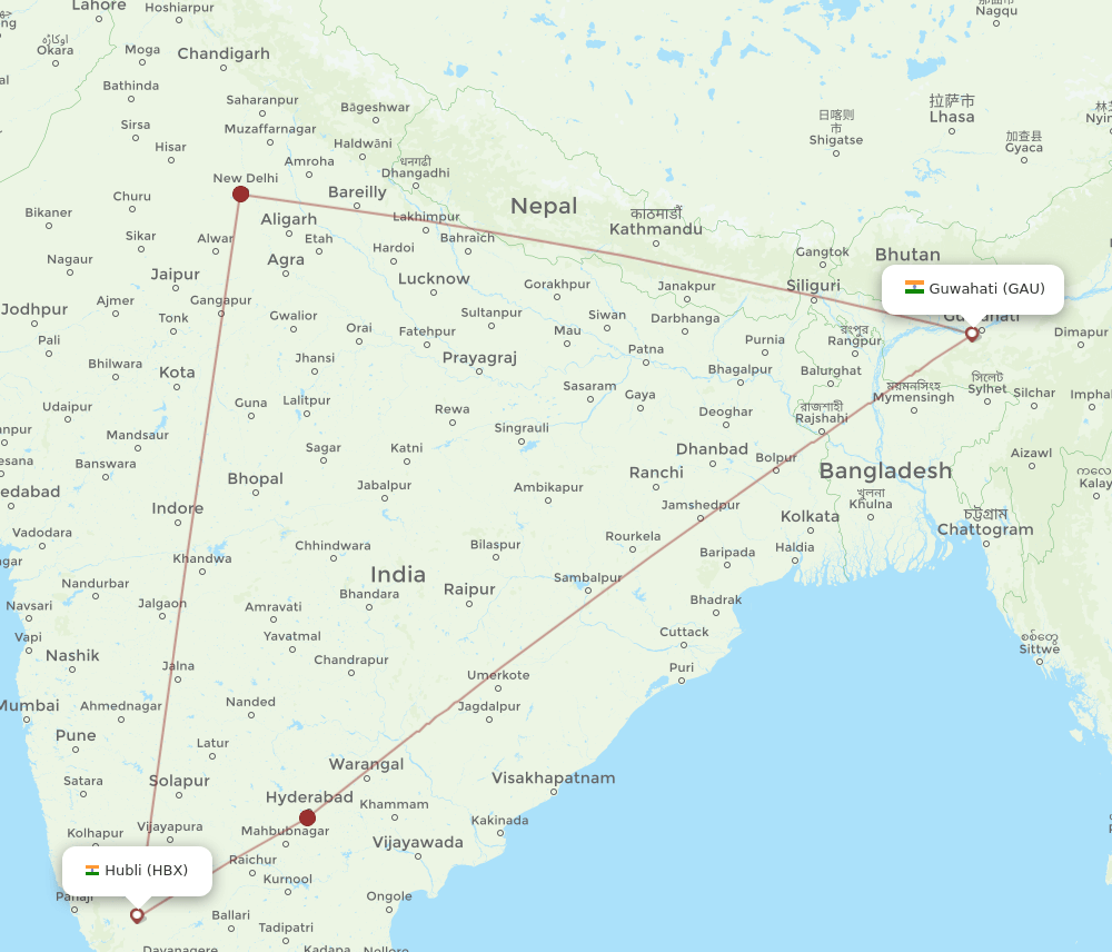 Guwahati - Hubli route map and flight paths