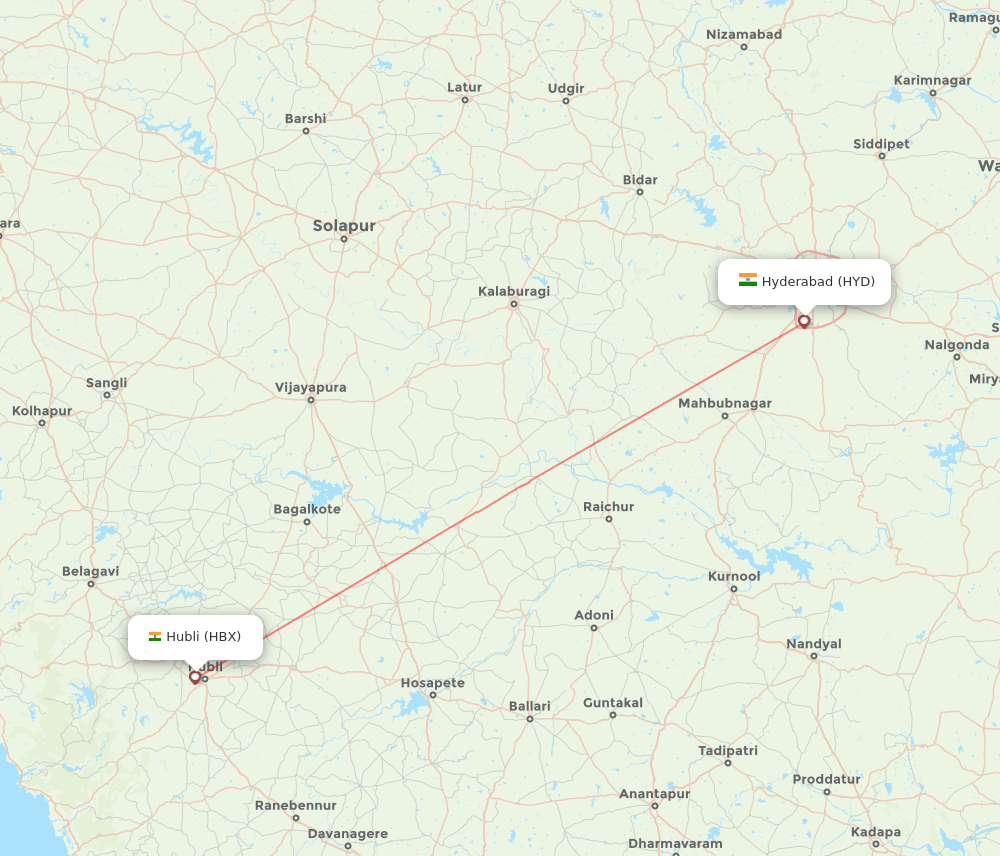 Hubli - Hyderabad route map and flight paths