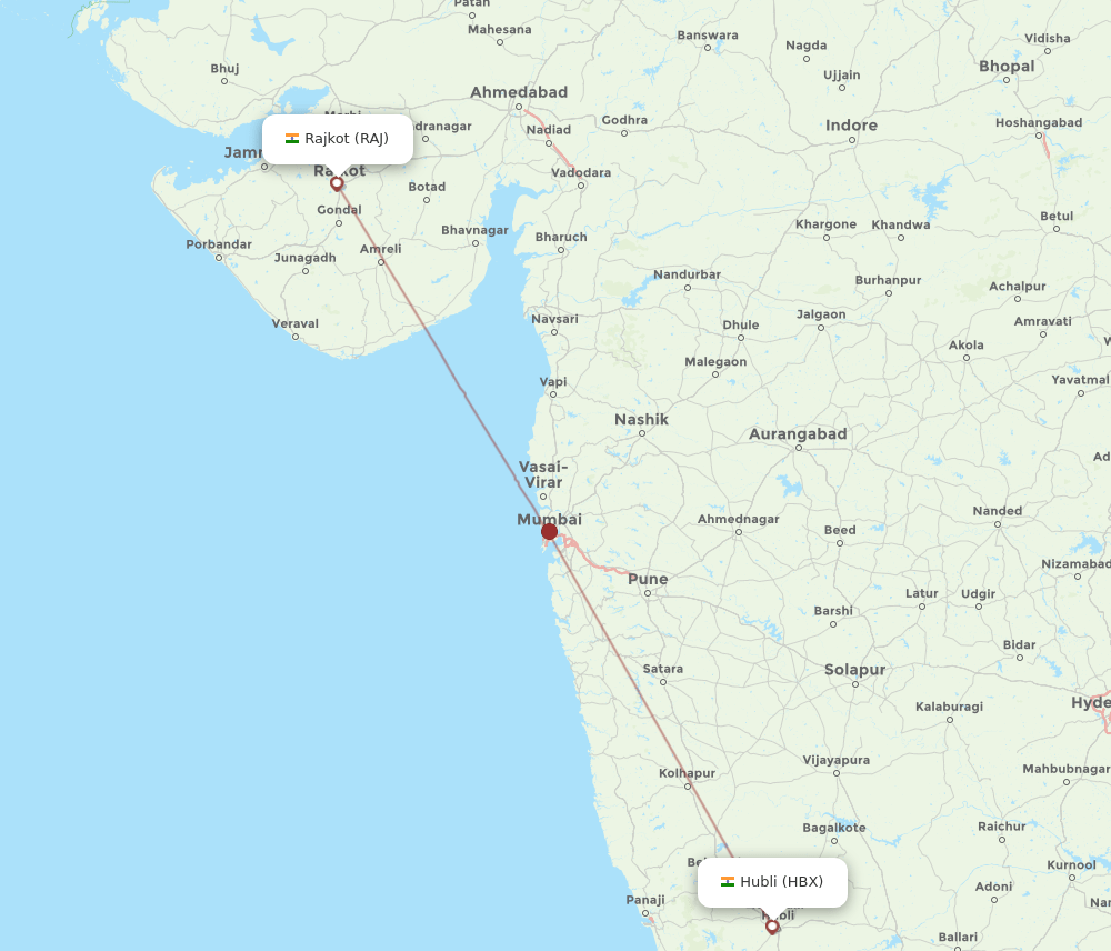 Hubli - Rajkot route map and flight paths