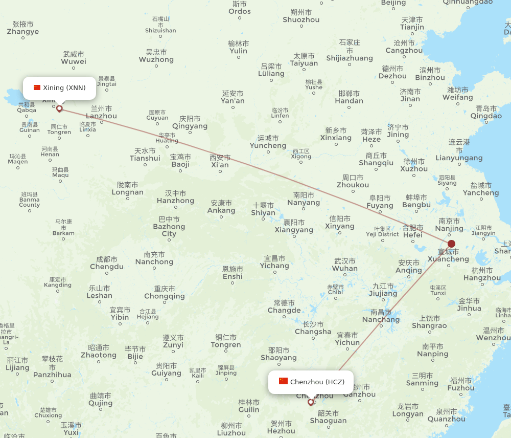 Xining - Chenzhou route map and flight paths