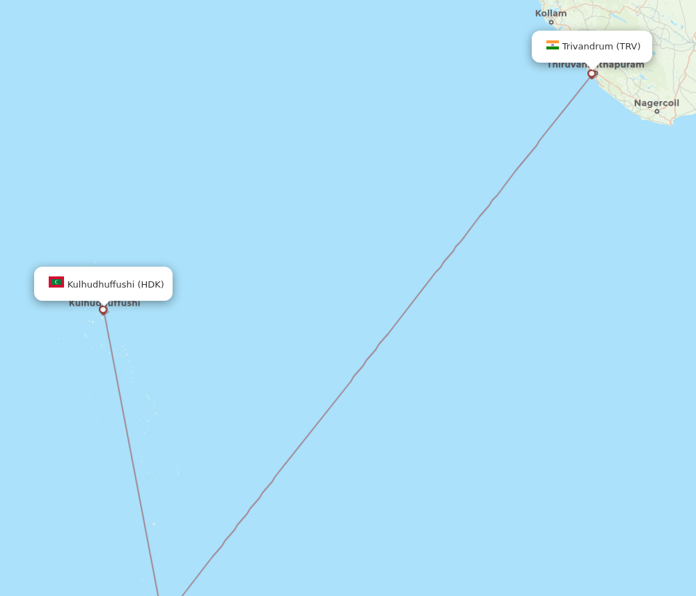 Thiruvananthapuram - Kulhudhuffushi route map and flight paths