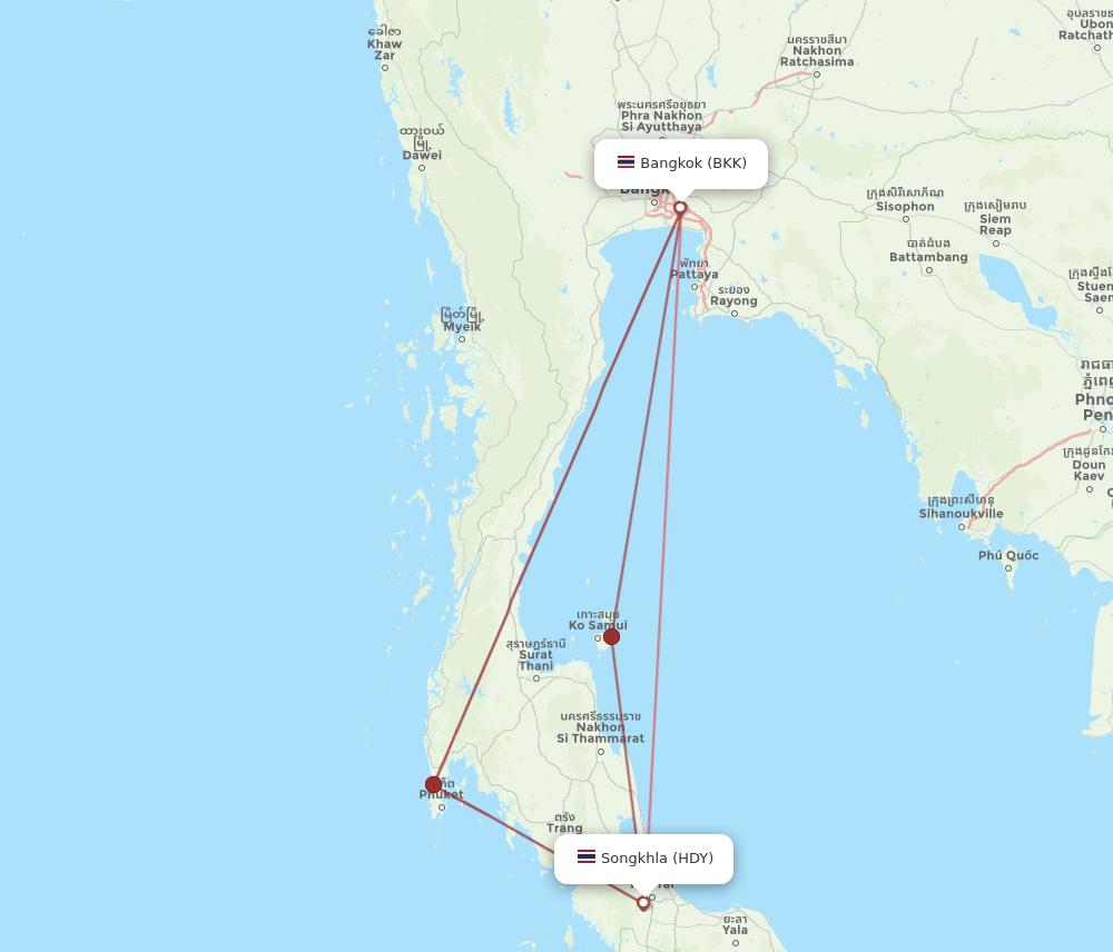 HDY to BKK flights and routes map