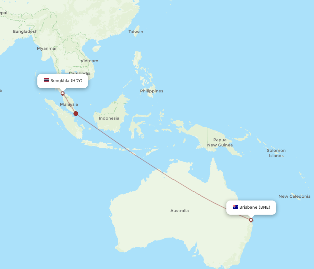 Brisbane - Hat Yai route map and flight paths