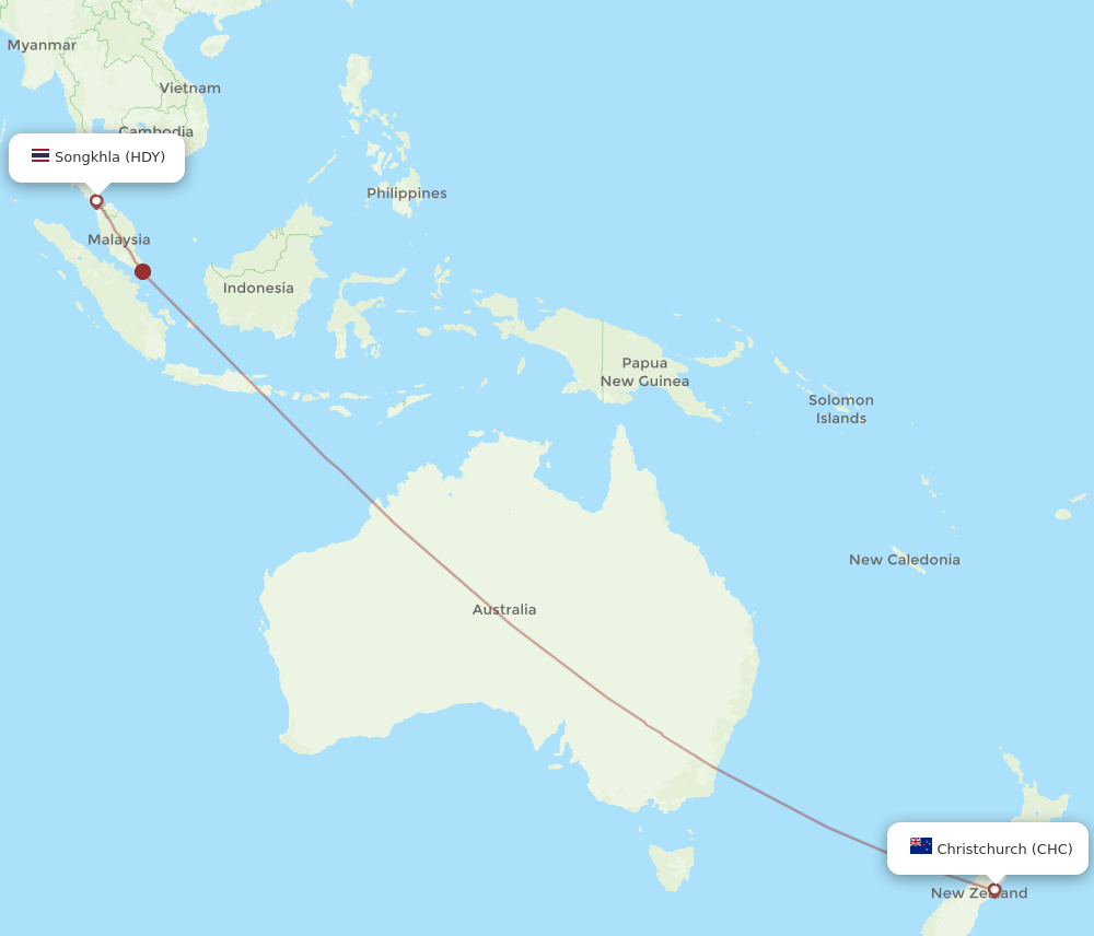 Christchurch - Hat Yai route map and flight paths