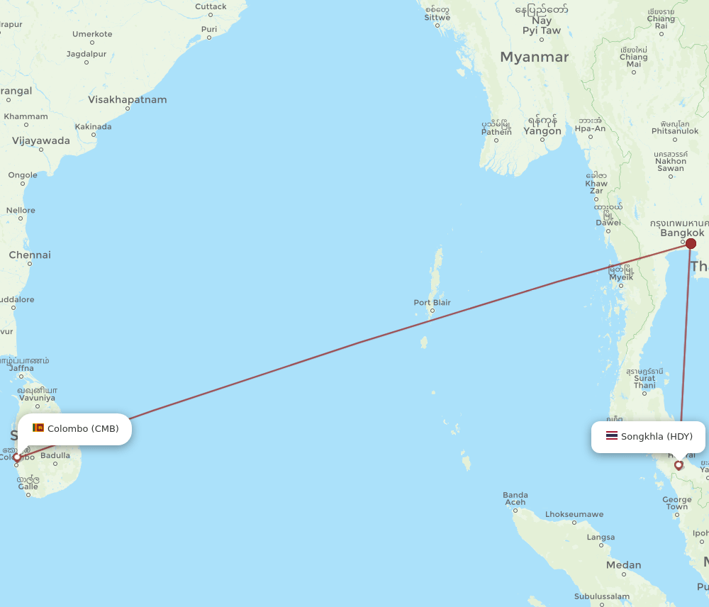 Colombo - Hat Yai route map and flight paths