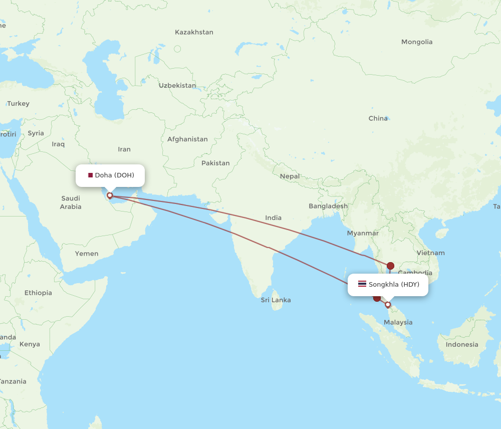 HDY to DOH flights and routes map