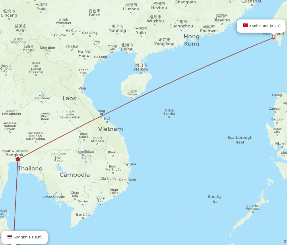 Kaohsiung - Hat Yai route map and flight paths
