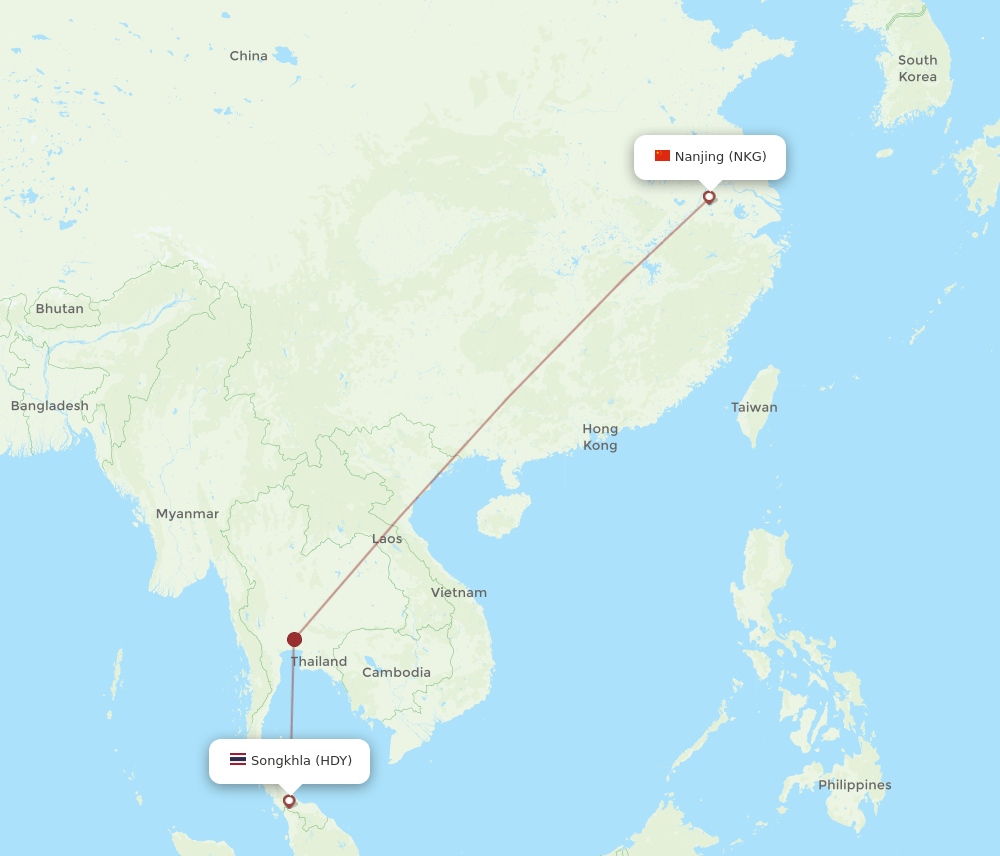 Nanjing - Hat Yai route map and flight paths