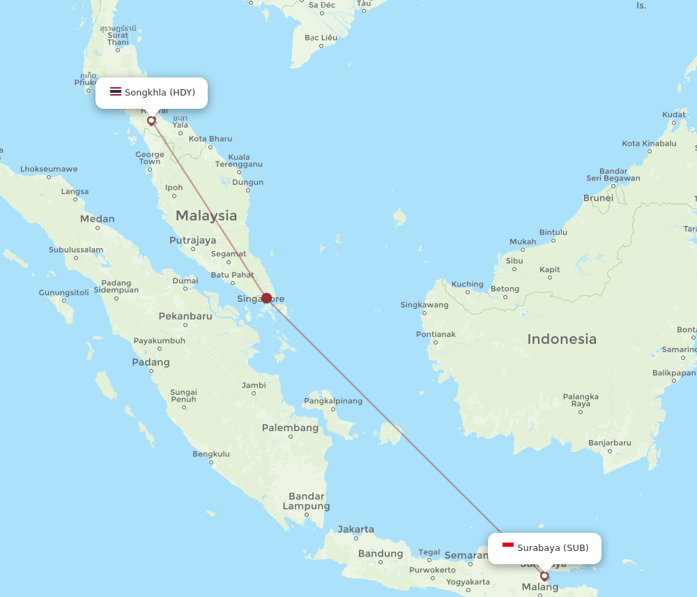 Surabaya - Hat Yai route map and flight paths