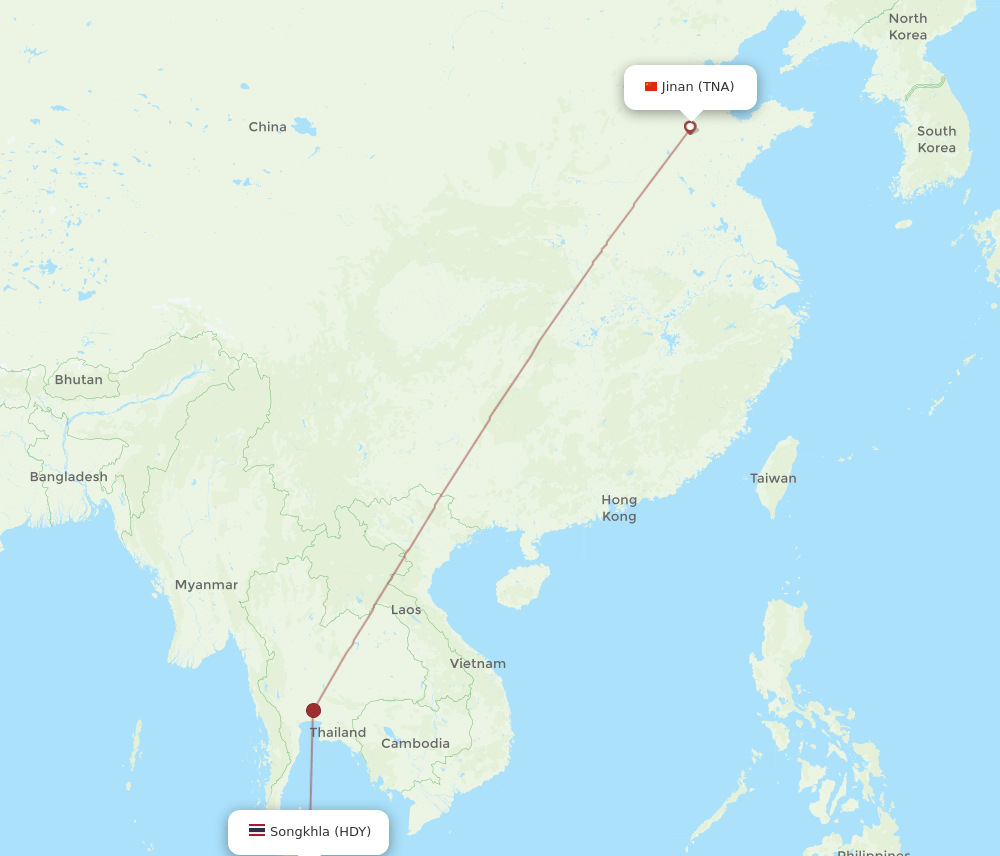 Jinan - Hat Yai route map and flight paths