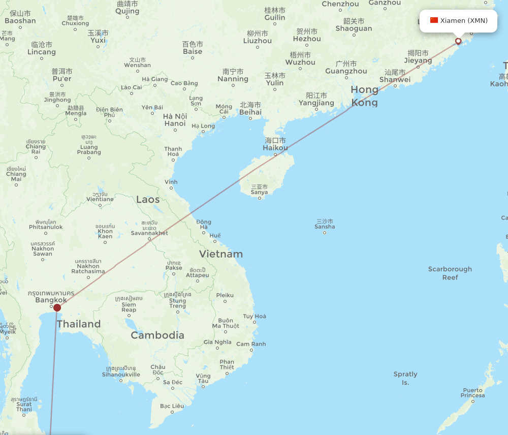 Xiamen - Hat Yai route map and flight paths