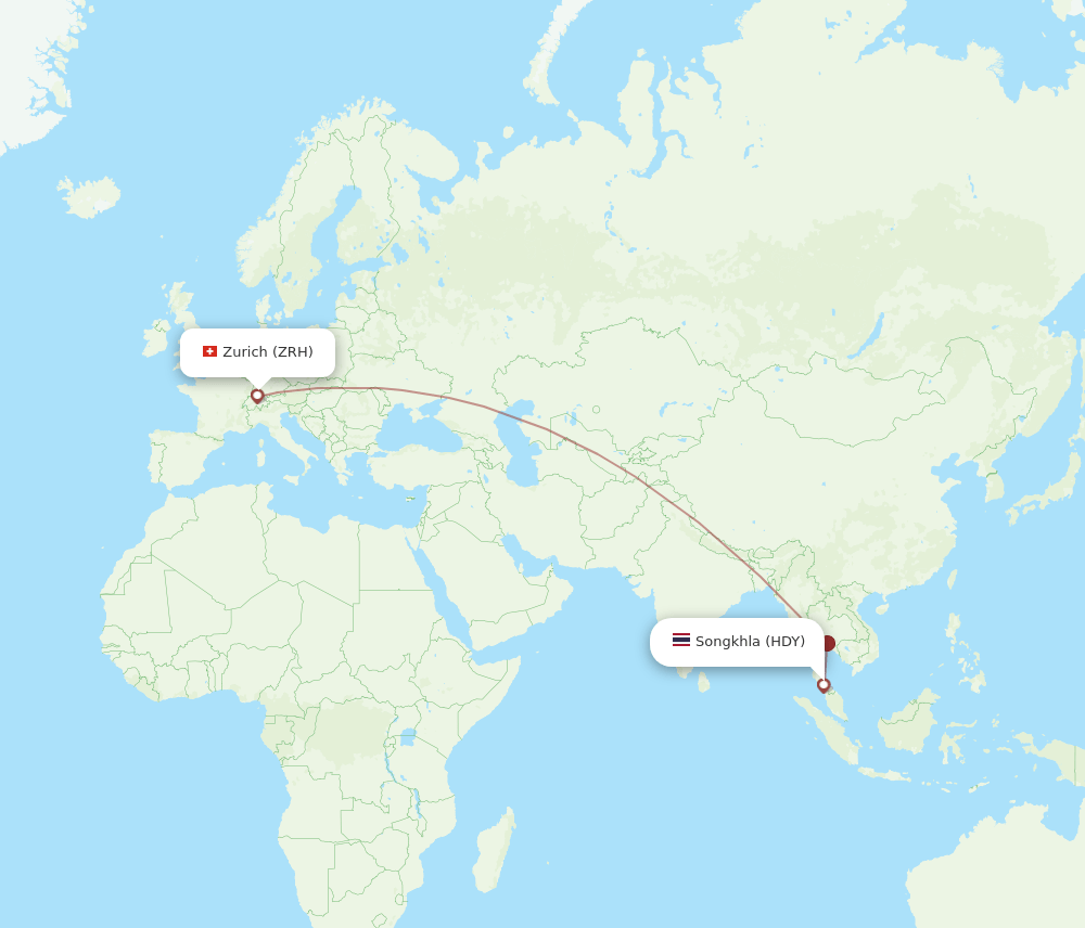 Zurich - Hat Yai route map and flight paths