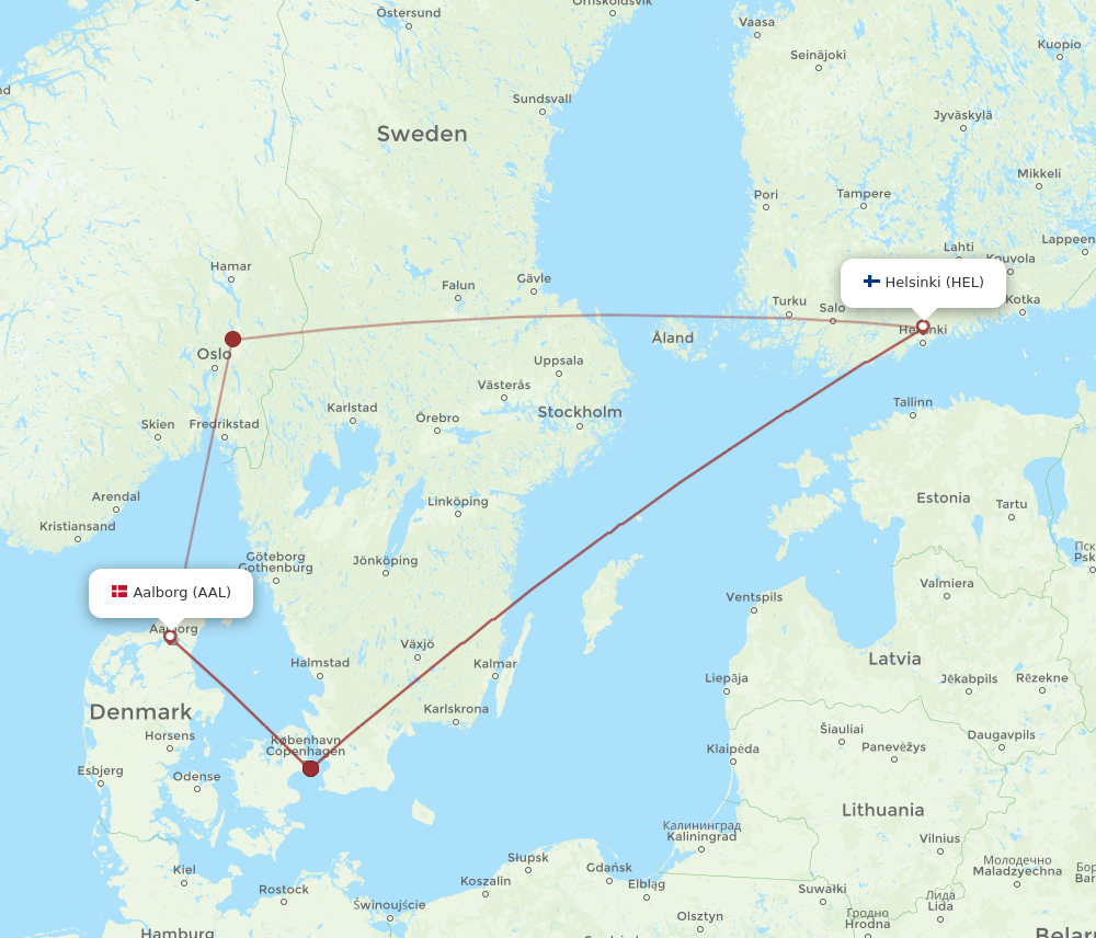 HEL to AAL flights and routes map
