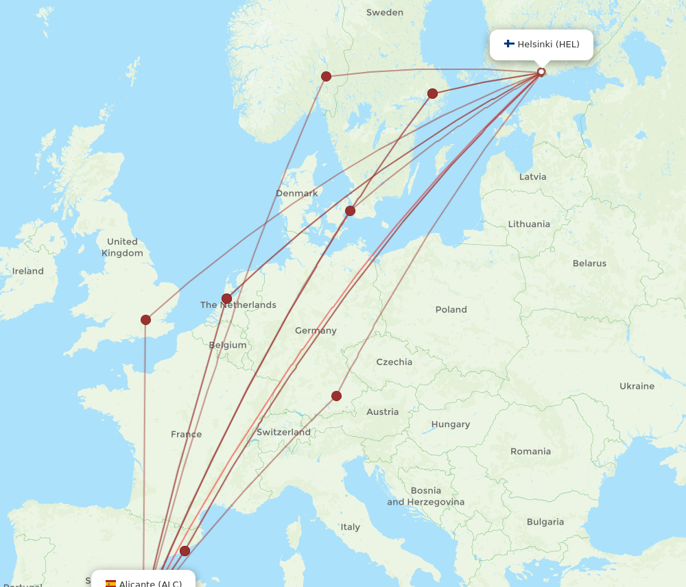 HEL to ALC flights and routes map