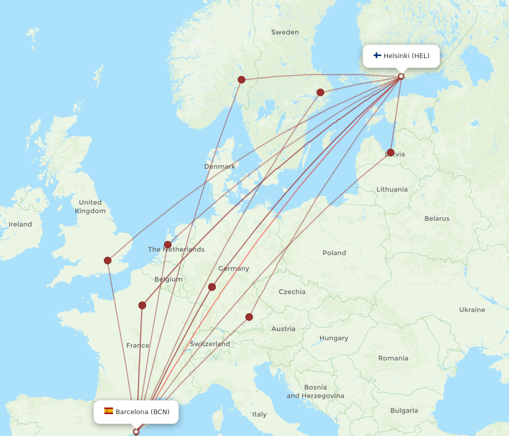 HEL to BCN flights and routes map