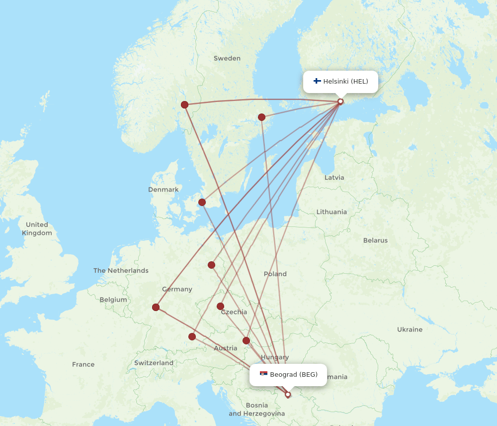 HEL-BEG flight routes